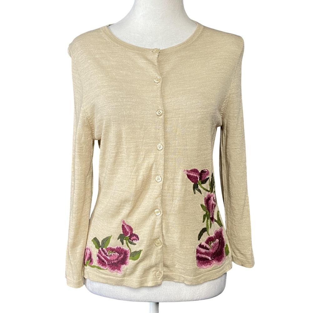 Garnet Hill Sweater Womens‎ Small Merino Wool Floral Embroidered Cardigan